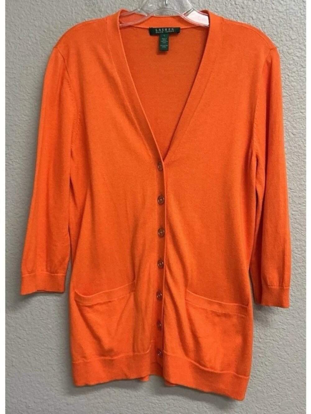 Vintage Ralph Lauren Womens Cardigan Sweater Button 3/4 Sleeve Orange Size Large